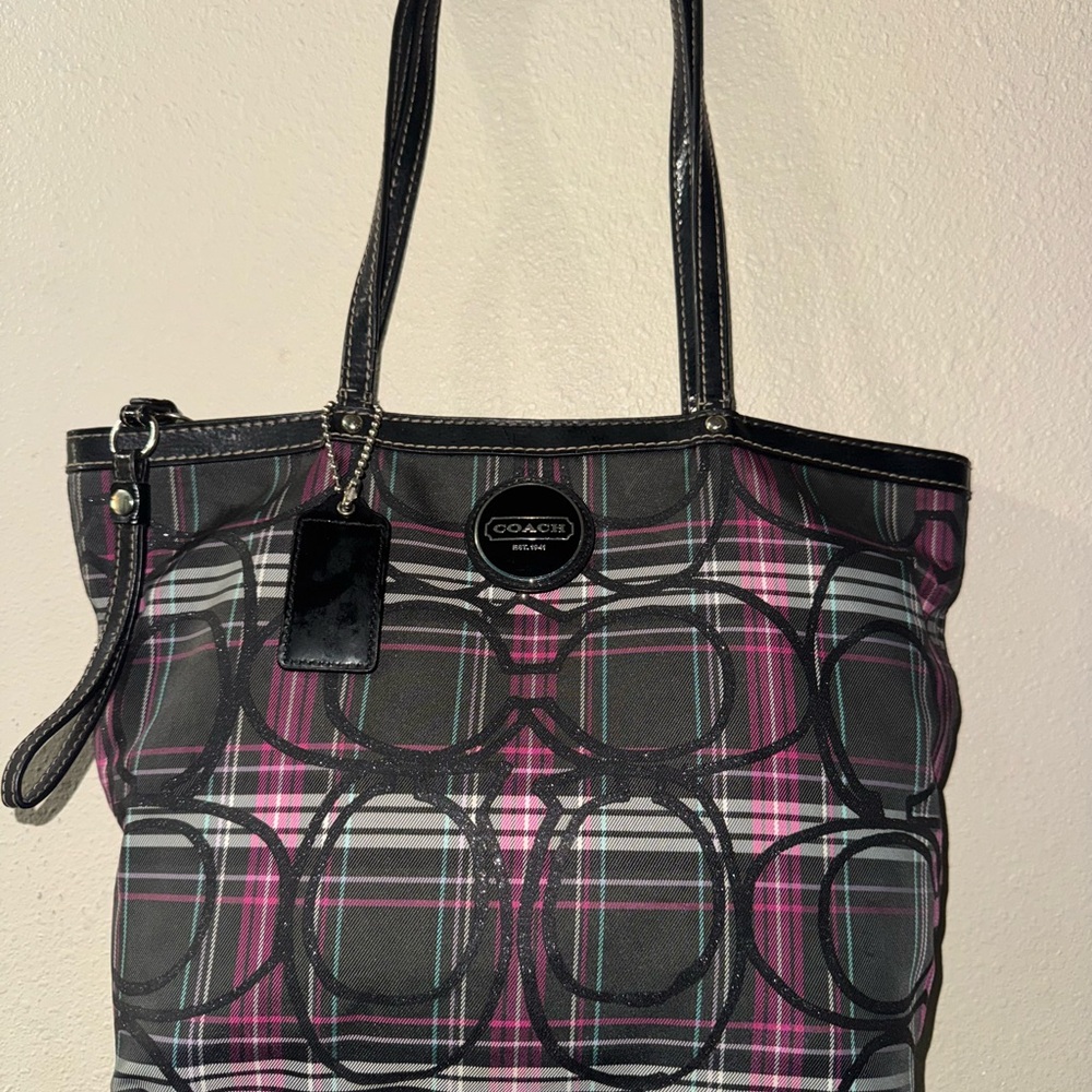 Coach signature Black and Pink Tartan Tote Bag